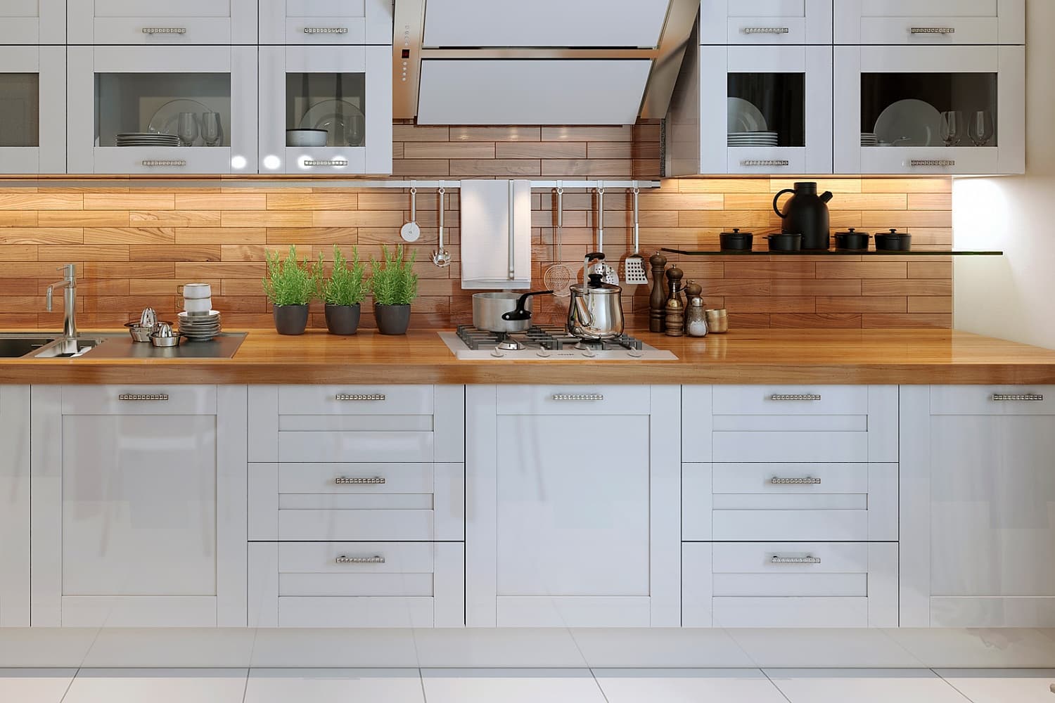 Белая кухня с деревянной столешницей - Компания «Маэстро»